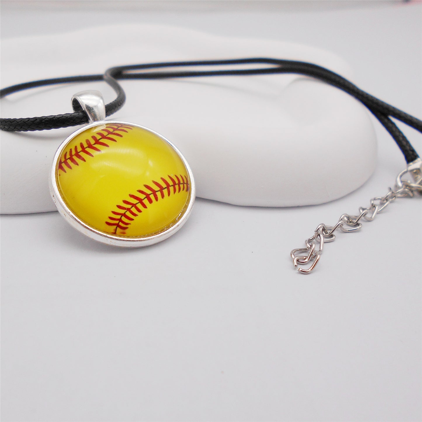 1 Piece Glass Dangle Necklace Softball Pattern Cabochon Jewelry Sport Ball Series Necklace for Women & Softball Lovers