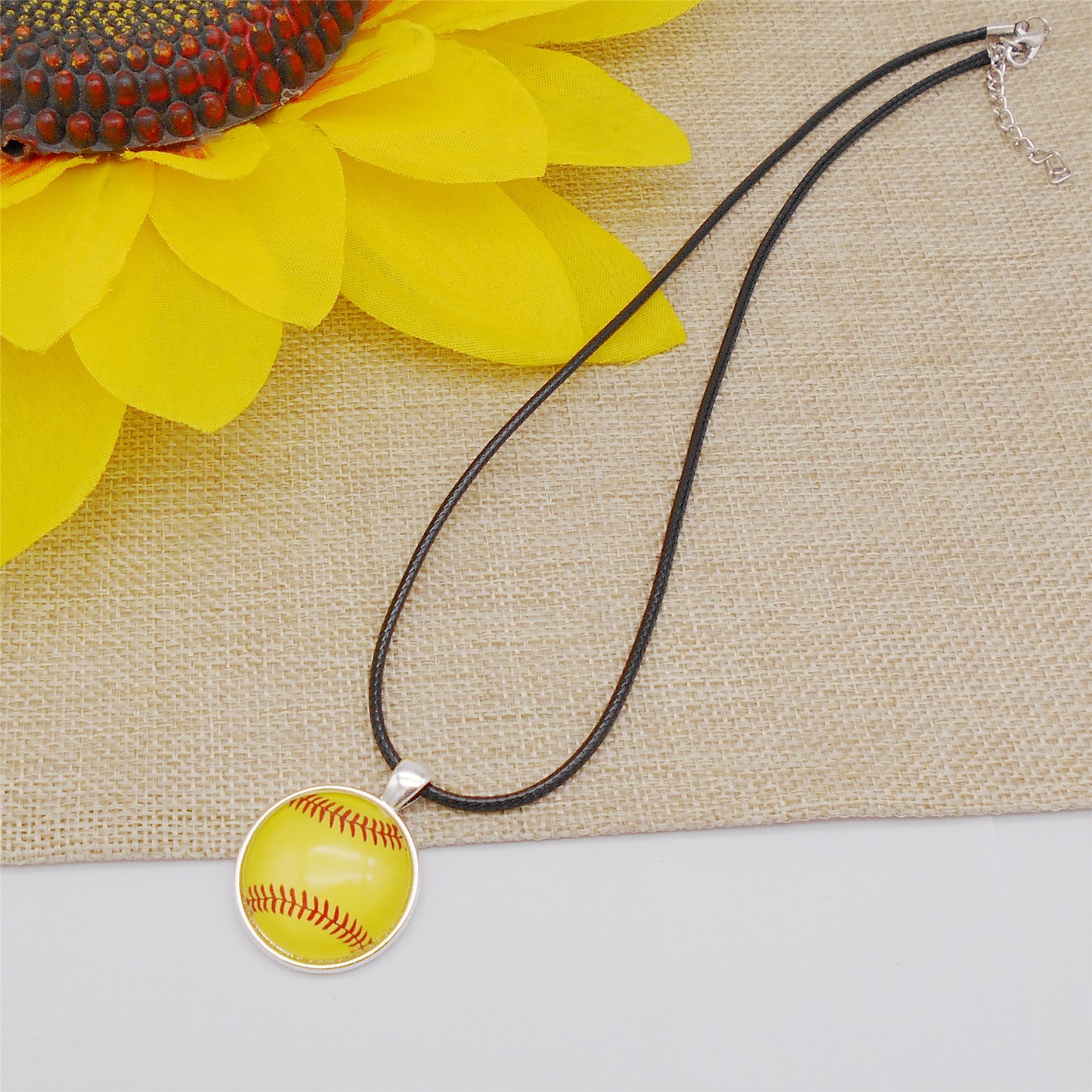 1 Piece Glass Dangle Necklace Softball Pattern Cabochon Jewelry Sport Ball Series Necklace for Women & Softball Lovers