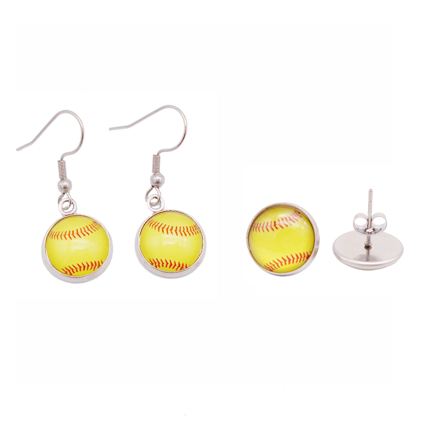 2 Pairs of Stainless Steel Softball Earrings for Women Hypoallergenic Glass Softball Cabochon Earring Studs Hooks Softball Player Fan Gift