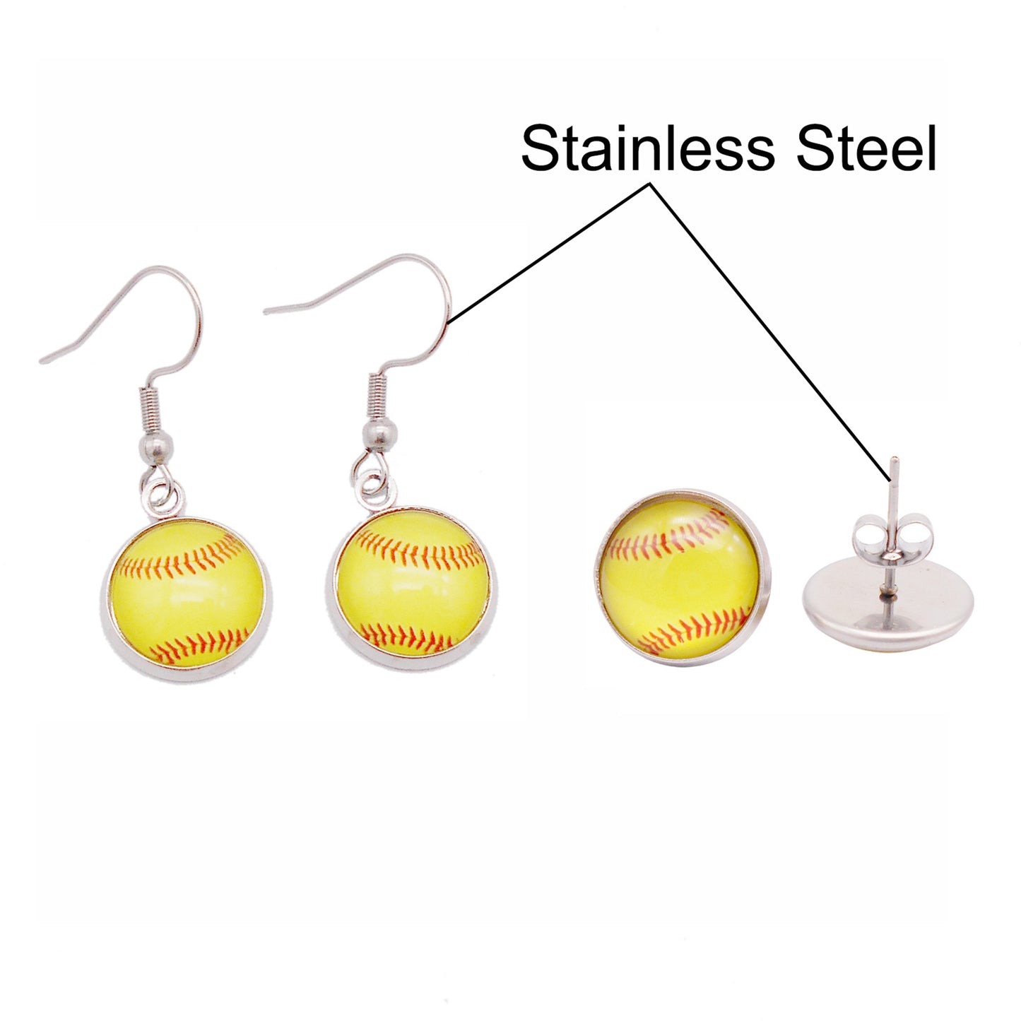 2 Pairs of Stainless Steel Softball Earrings for Women Hypoallergenic Glass Softball Cabochon Earring Studs Hooks Softball Player Fan Gift