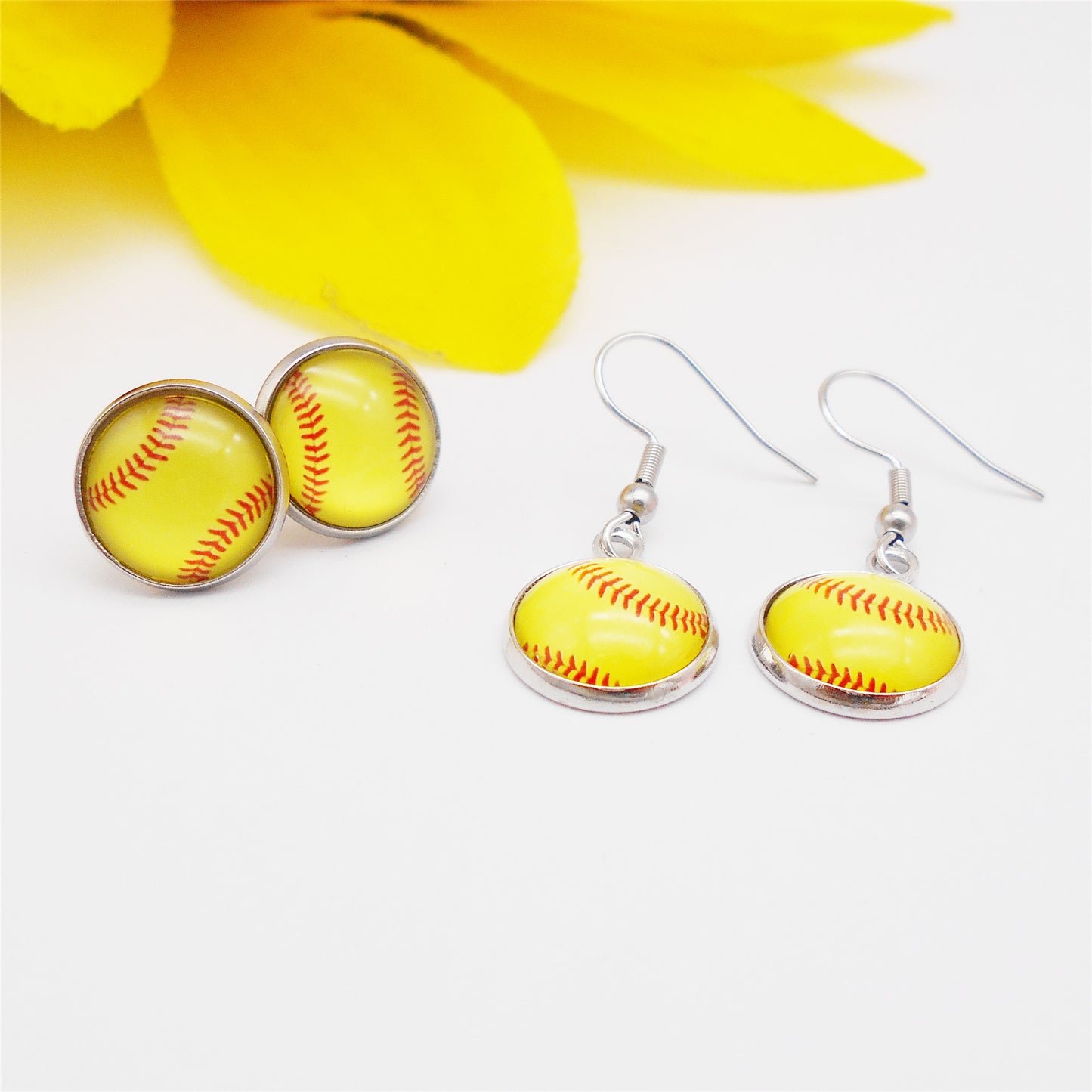 2 Pairs of Stainless Steel Softball Earrings for Women Hypoallergenic Glass Softball Cabochon Earring Studs Hooks Softball Player Fan Gift