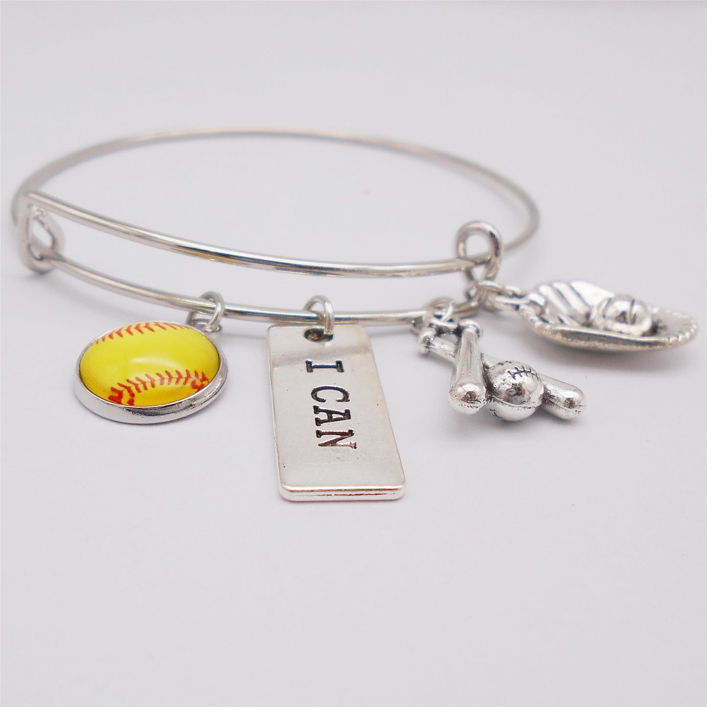 1 Piece Metal Alloy Bracelet with Glass Cabochon & Dangling Charm, Adjustable Sports Jewelry for Softball Fans