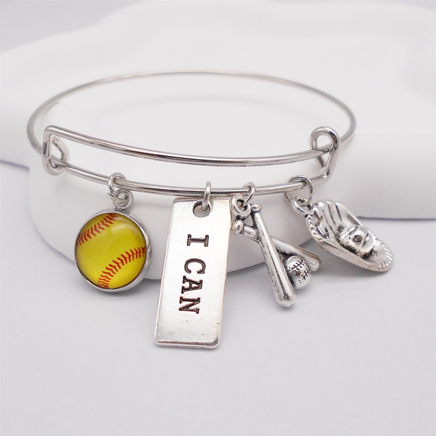 1 Piece Metal Alloy Bracelet with Glass Cabochon & Dangling Charm, Adjustable Sports Jewelry for Softball Fans