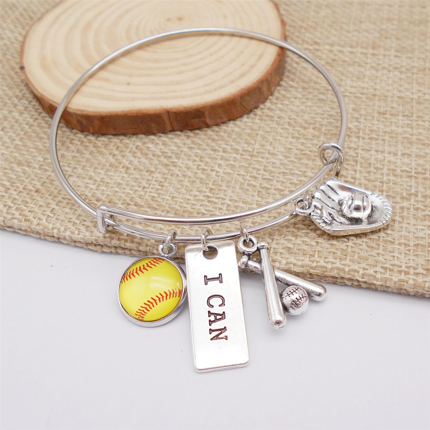 1 Piece Metal Alloy Bracelet with Glass Cabochon & Dangling Charm, Adjustable Sports Jewelry for Softball Fans