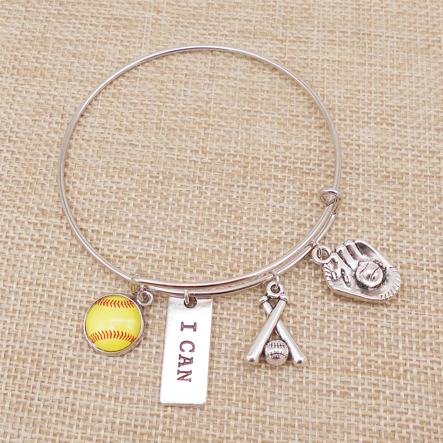 1 Piece Metal Alloy Bracelet with Glass Cabochon & Dangling Charm, Adjustable Sports Jewelry for Softball Fans