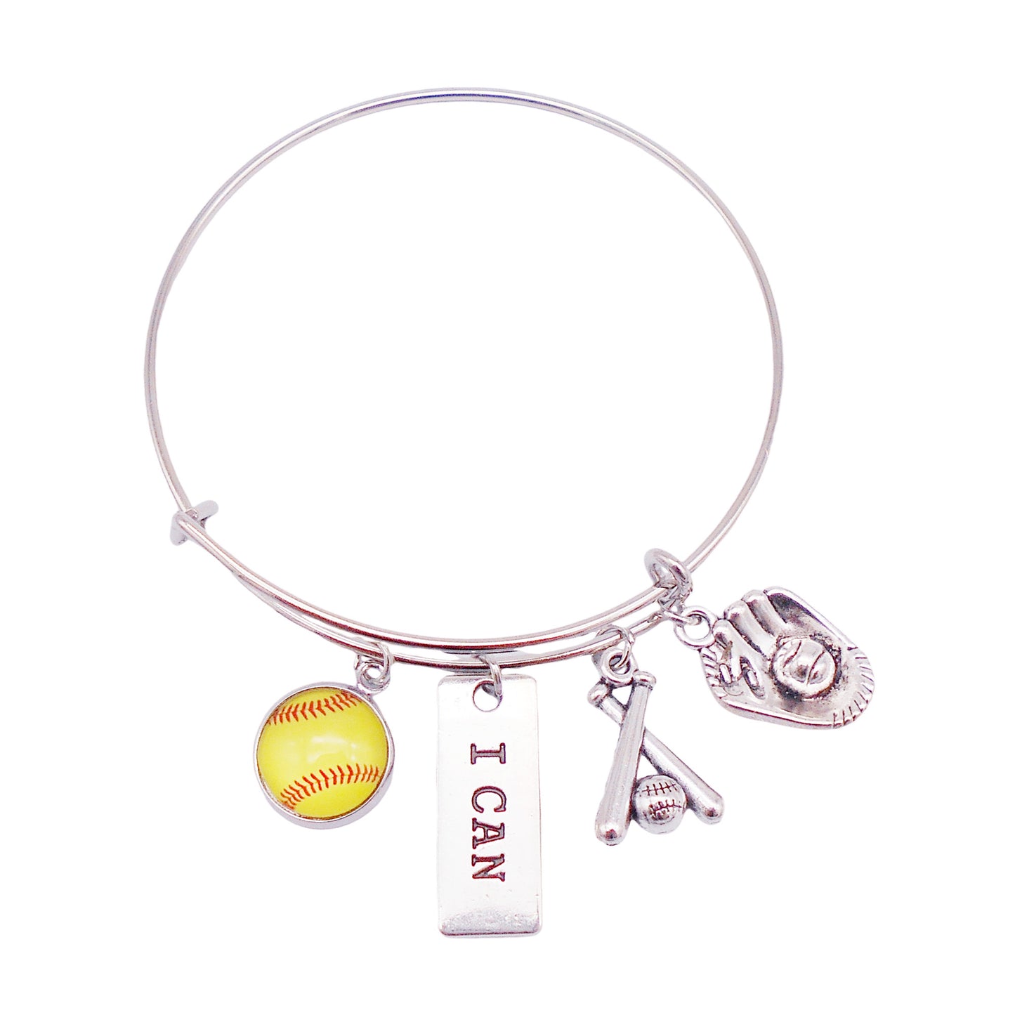 1 Piece Metal Alloy Bracelet with Glass Cabochon & Dangling Charm, Adjustable Sports Jewelry for Softball Fans
