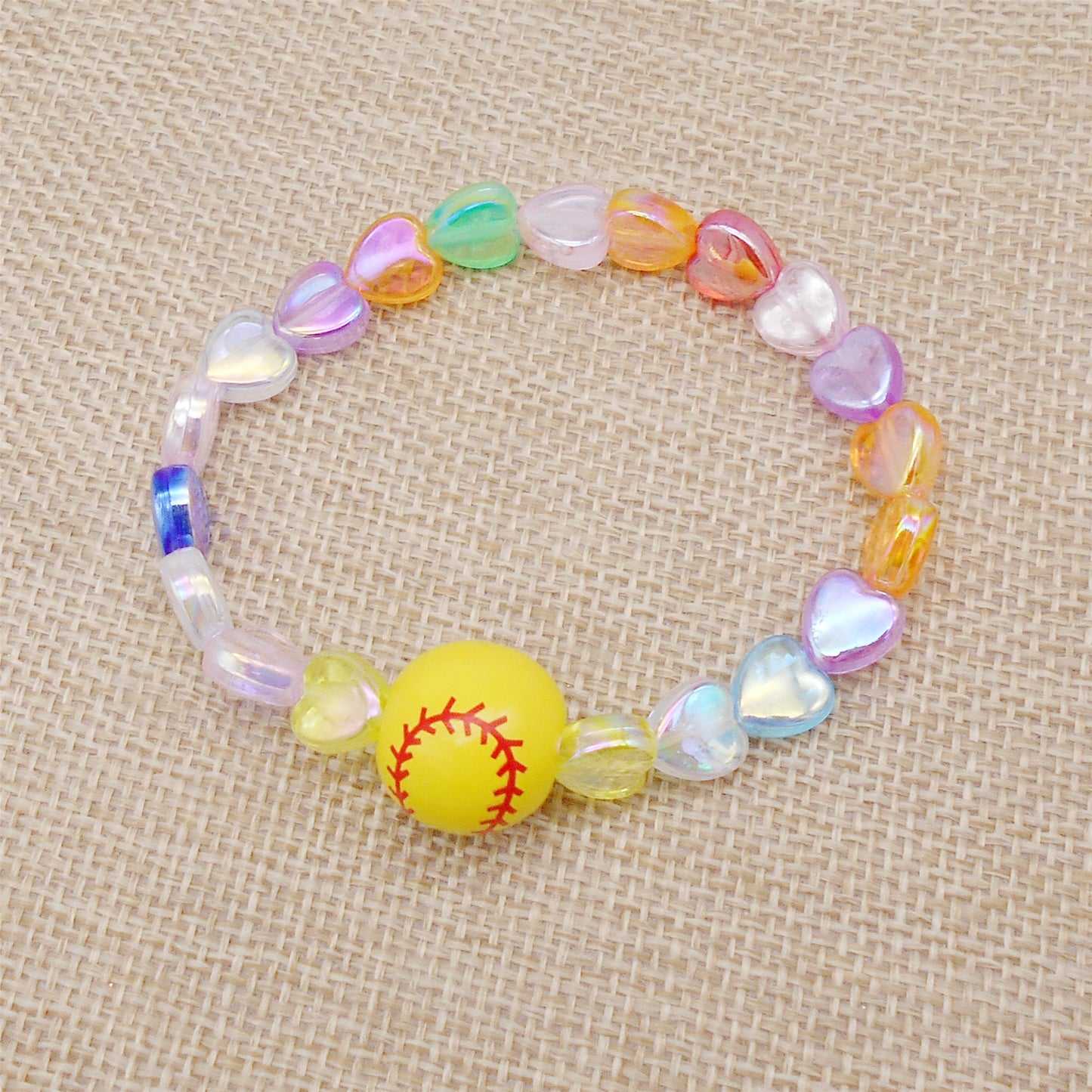 1 Piece Wood Softball Bead Bracelet with Plastic Heart Beads, Handmade Bead Bracelet Women Jewelry for Everyday Wear