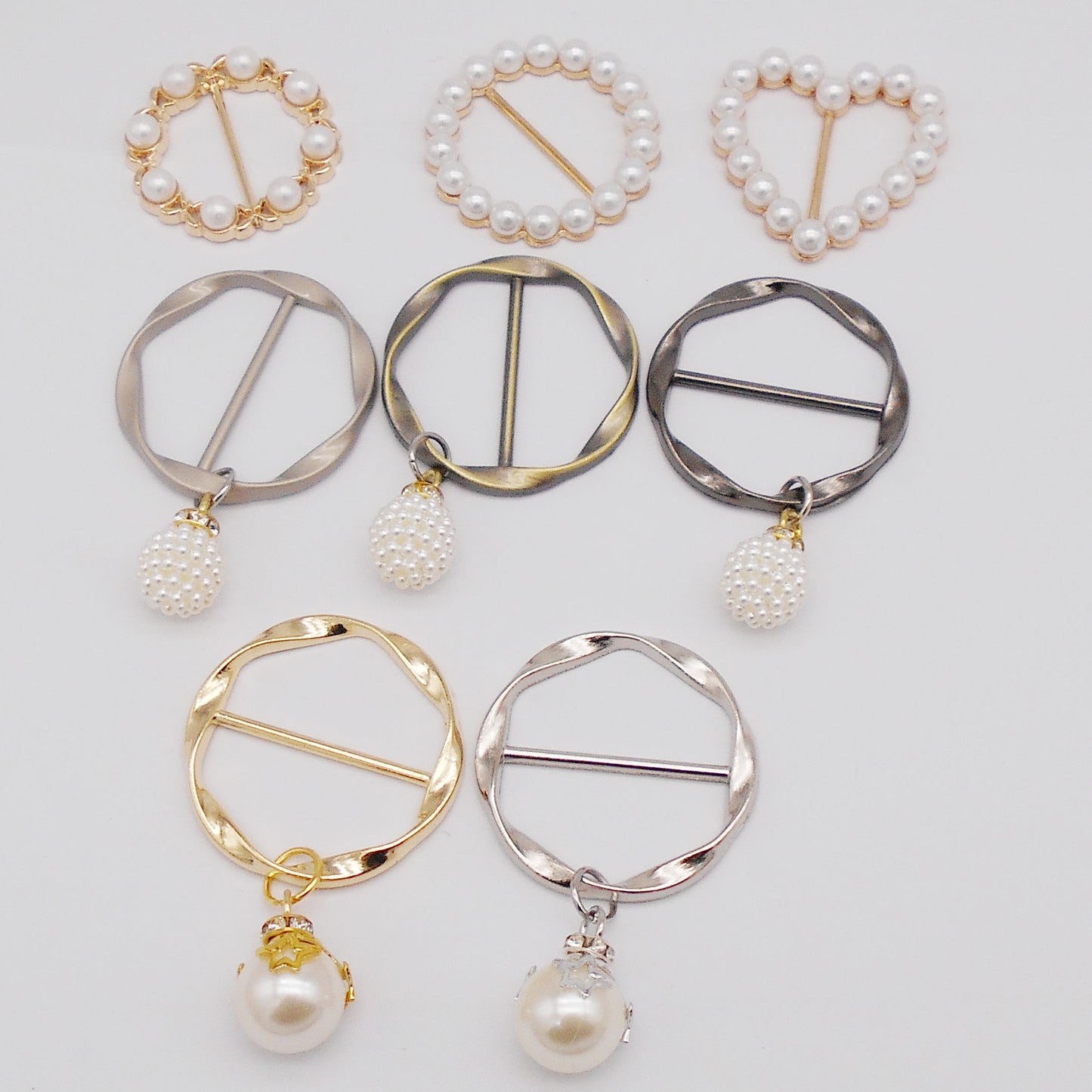 8Pcs Imitation Pearl Dangle Dress Clip Buckle Metal Round & Heart Shaped Hem Weight Clip/Silk Scarf Ring Holder/Scarf Fastener - Decorative Clothing Accessories