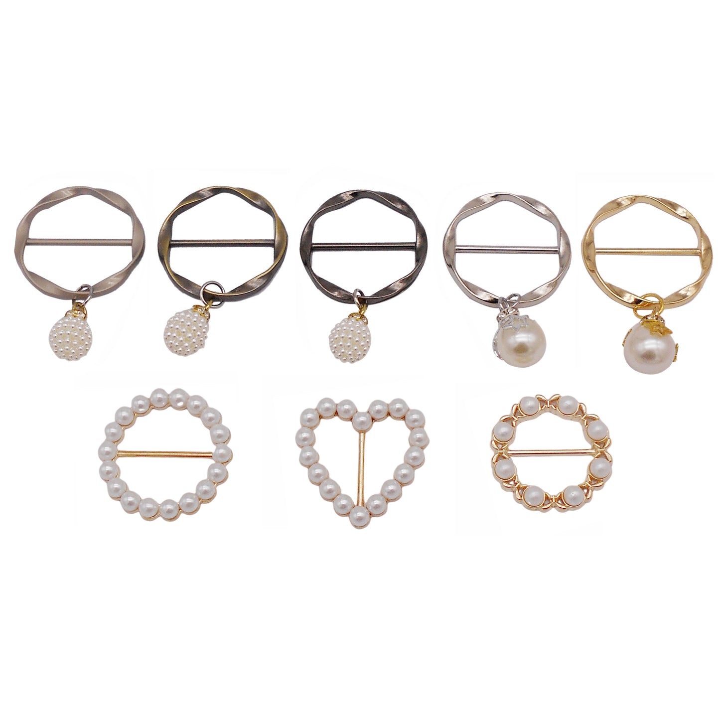 8Pcs Imitation Pearl Dangle Dress Clip Buckle Metal Round & Heart Shaped Hem Weight Clip/Silk Scarf Ring Holder/Scarf Fastener - Decorative Clothing Accessories