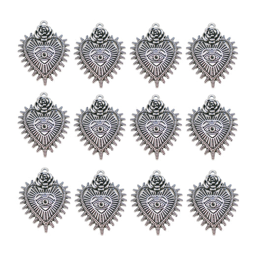 10Pcs 32x24mm Vintage Silver Heart Shaped Charms with Rose Decoration, Alloy Cthulhu Eyes Pendants for DIY Jewelry Making Crafts Decor
