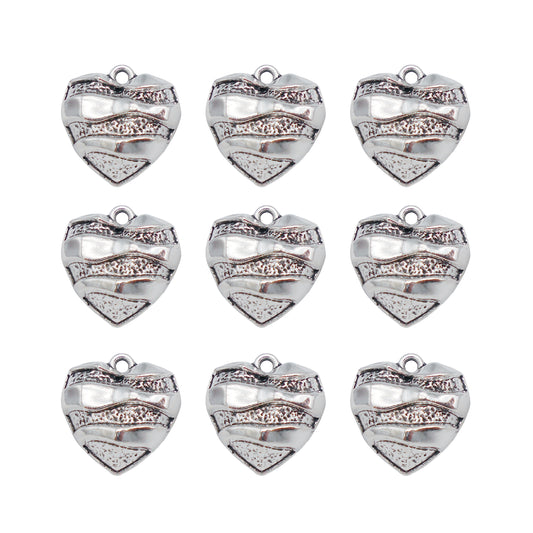 10Pcs Retro Alloy Heart Pendants - 22x6mm 3D Love Heart Charms with Wave Textured Designed, Vintage Silver Jewelry Accessories for Necklace Bracelet Making DIY Crafts Decor
