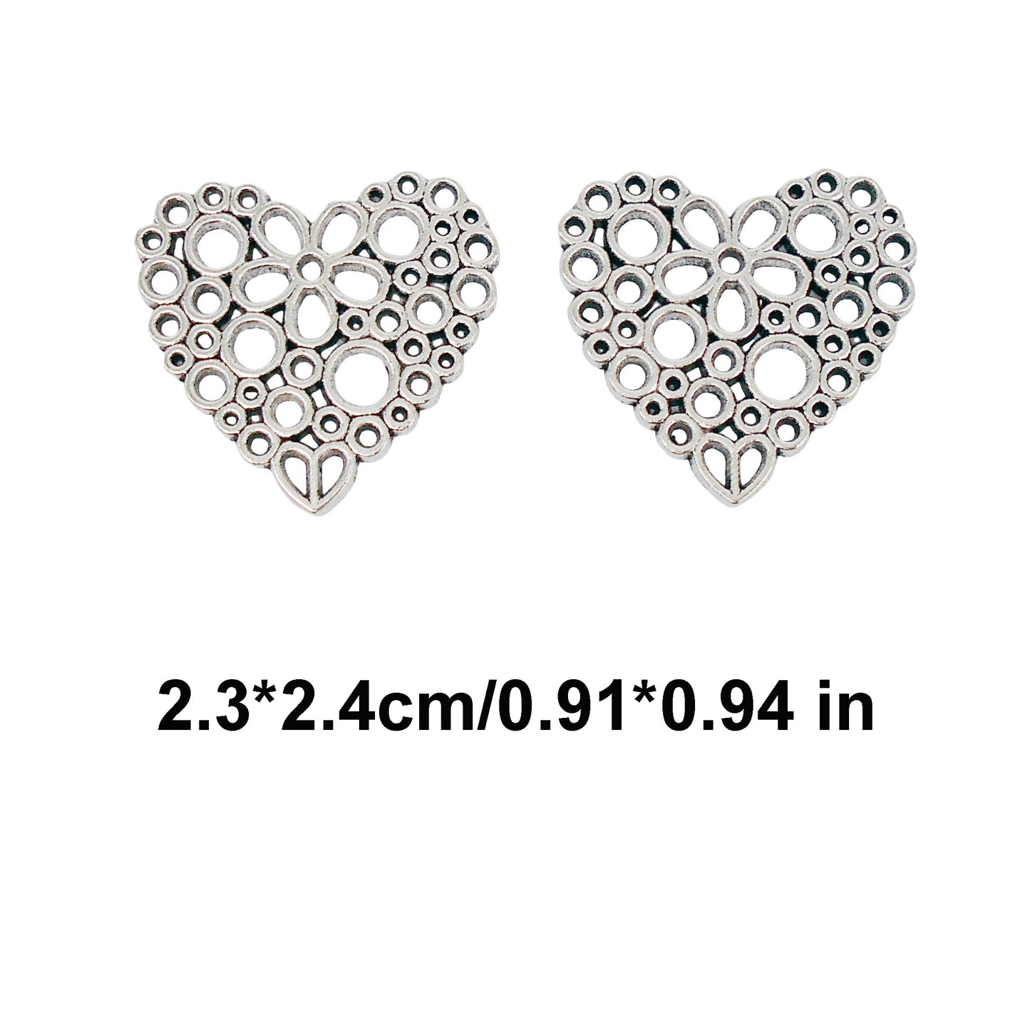 10Pcs 23x24mm Openwork Heart Charms Metal Love Heart Pendants Retro Silver Necklace Bracelet Charms Jewelry Making Accessories DIY Crafts Decor