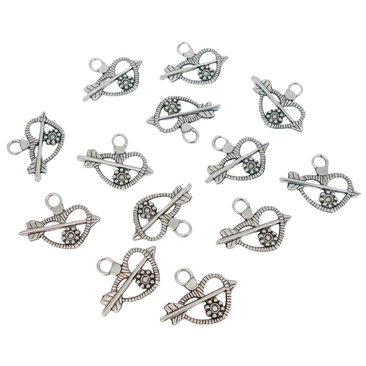 10Pcs Metal Hollow-Out Heart Charms with Flower Decoration, Vintage Silver Cupid Arrow Heart Pendants for DIY Jewelry Making 19x24mm