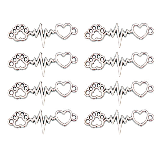 10Pcs Vintage Silver Paw Print Charms Heartbeat Line Heart Designed Pendants 33x12mm Metal Jewelry Connector for Necklace Bracelet Making DIY Crafts Decor