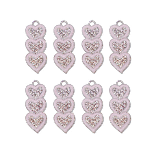 10Pcs Pink Enamel Heart Charms Metal Triple Heart Pendant with Crystal Rhinestones Decoration for DIY Jewelry(Necklace, Bracelet, Earrings) Making 30x12mm