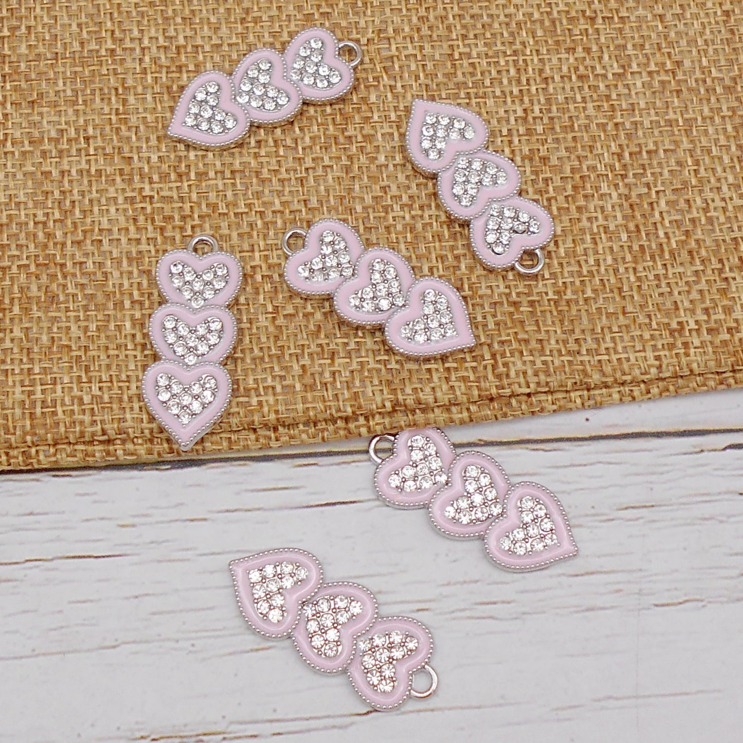 30pcs Pink Alloy Enamel Charms 3 Hearts Rhinestones Pendant  for Jewelry Necklace Bracelet Earring Making Keychain Bookmark DIY Craft Findings10pcs/pack
