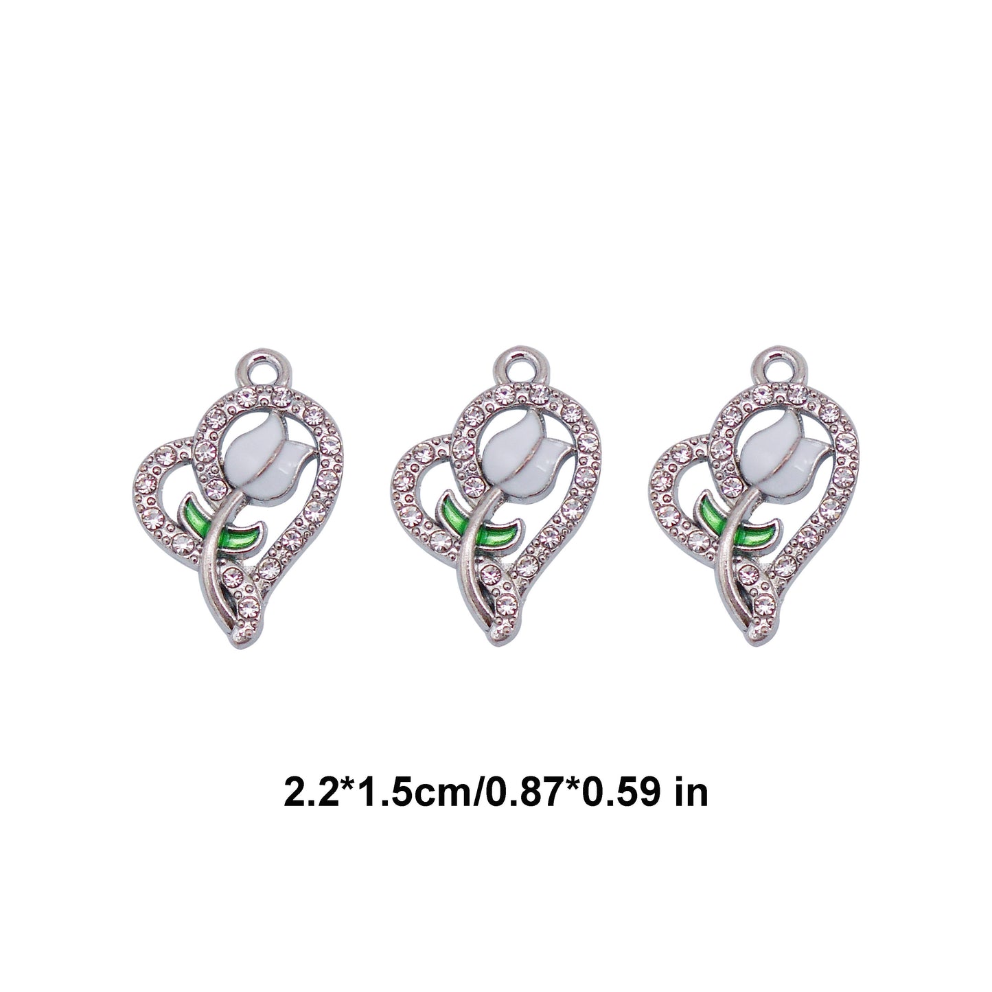 30pcs Pink Heart Rose  Alloy Enamel Charms Rhinestones Pendant for Jewelry Necklace Bracelet Earring Making Keychain Bookmark DIY Craft Findings10pcs/pack