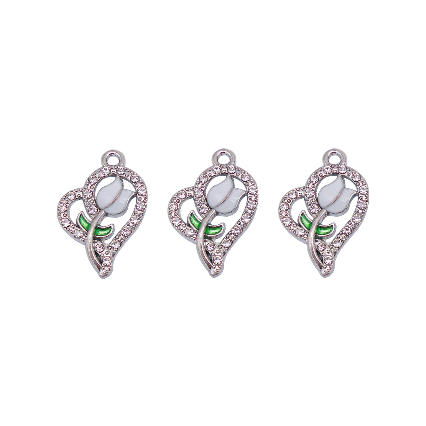 10Pcs Crystal Heart Charms Romantic Enamel Heart and Rose Designed Pendants Alloy Jewelry Accessories for Necklace Bracelet Earrings Making 22x15mm