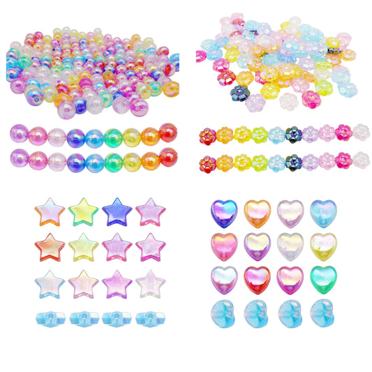 200PCS Colorful Plastic Loose Beads Round & Flower & Love Heart & Star Pentagram Shaped Spacer Beads for Necklace Bracelet Making Accessories Crafts Decoration
