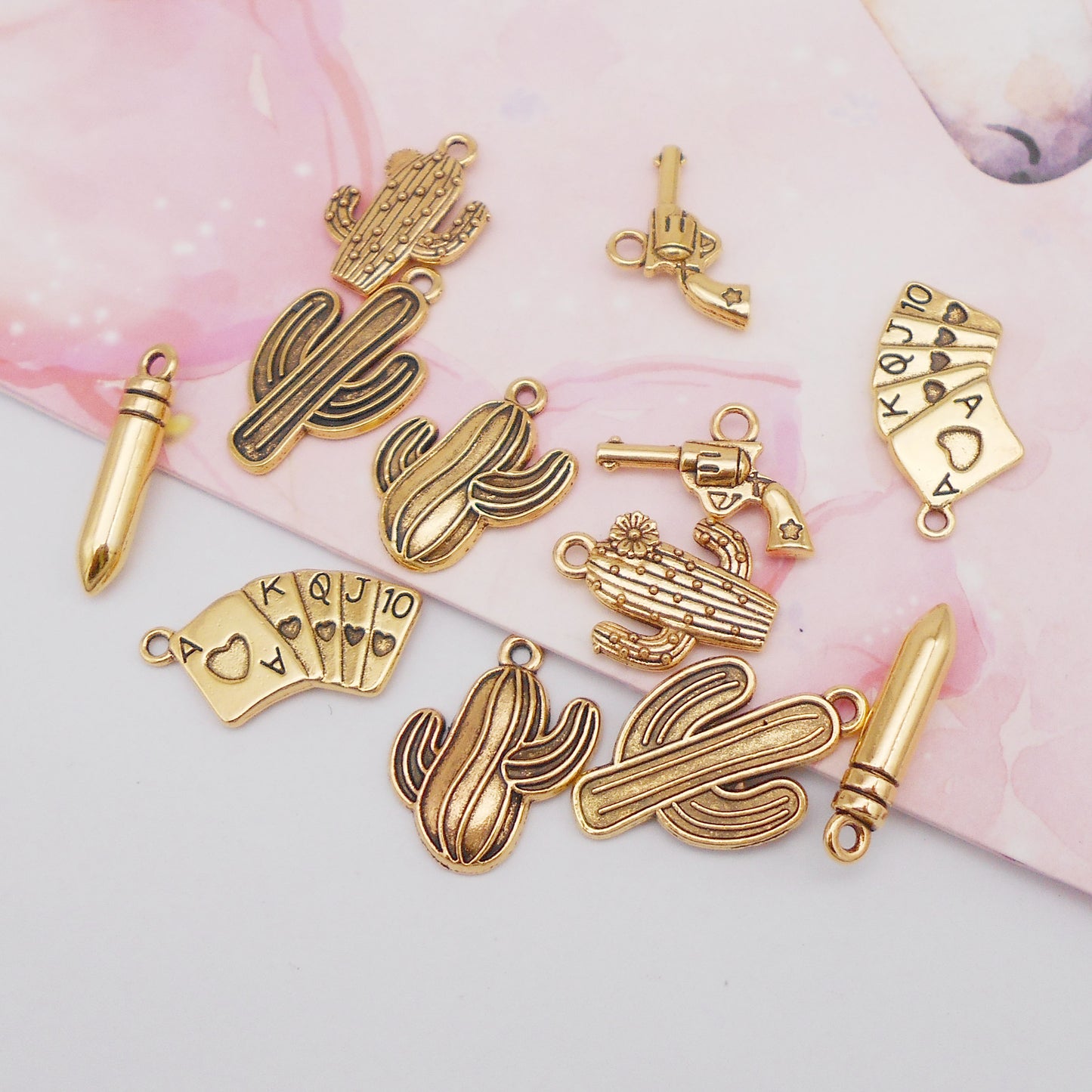 12PCS Quality Plated Antique Gold Western Cowboy Cowgirl Jewelry Charms Alloy Cactus Gun Poker Card Bullets Pendant for DIY Necklace Bracelet Earrings Accessories Crafts Decor
