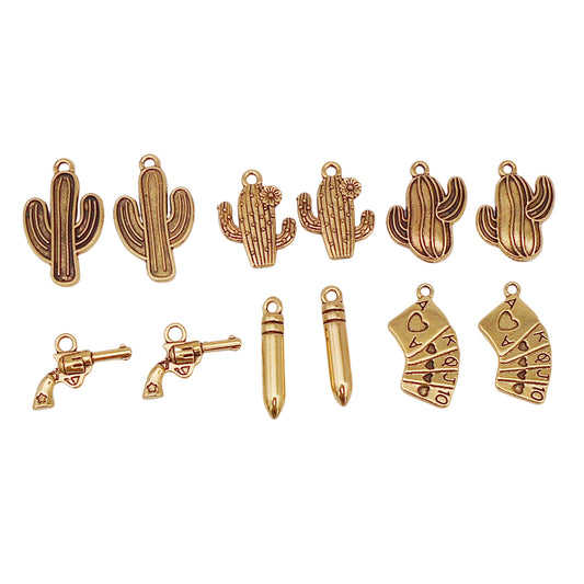 12PCS Quality Plated Antique Gold Western Cowboy Cowgirl Jewelry Charms Alloy Cactus Gun Poker Card Bullets Pendant for DIY Necklace Bracelet Earrings Accessories Crafts Decor