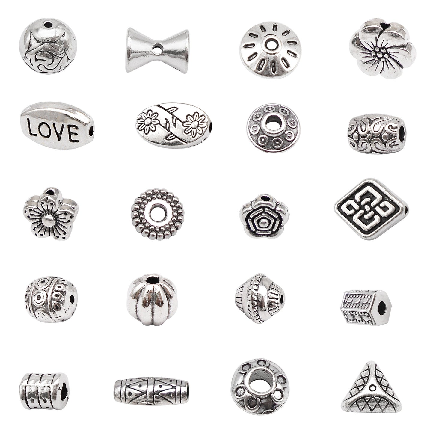 20 or 150PCS Antique Silver Round Flower Loose Beads Alloy Jewelry Spacer Beads for DIY Necklace Bracelet Accessories Crafts Decoration