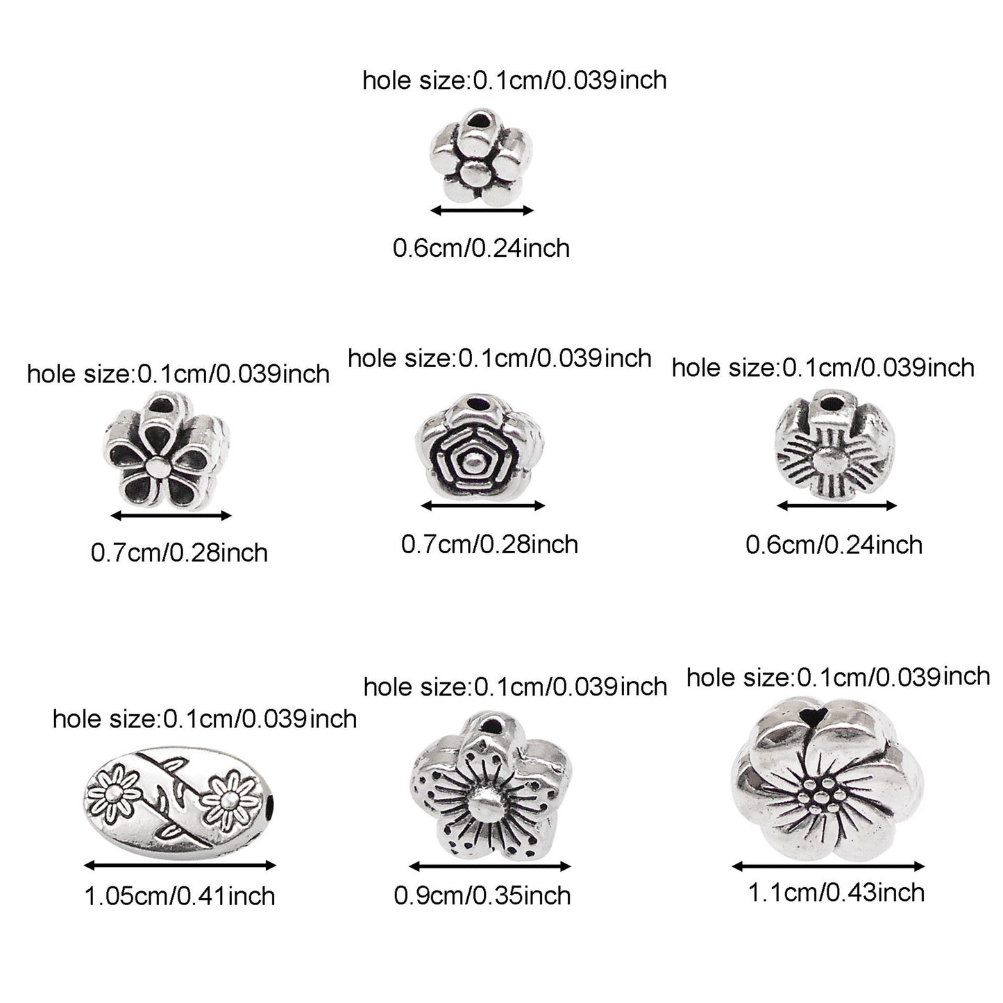 210PCS Mixed Alloy Antique Silver Spacer Beads Bulk Flower Loose Bead for Bracelets Necklaces Earrings Jewelry Making 7 Styles