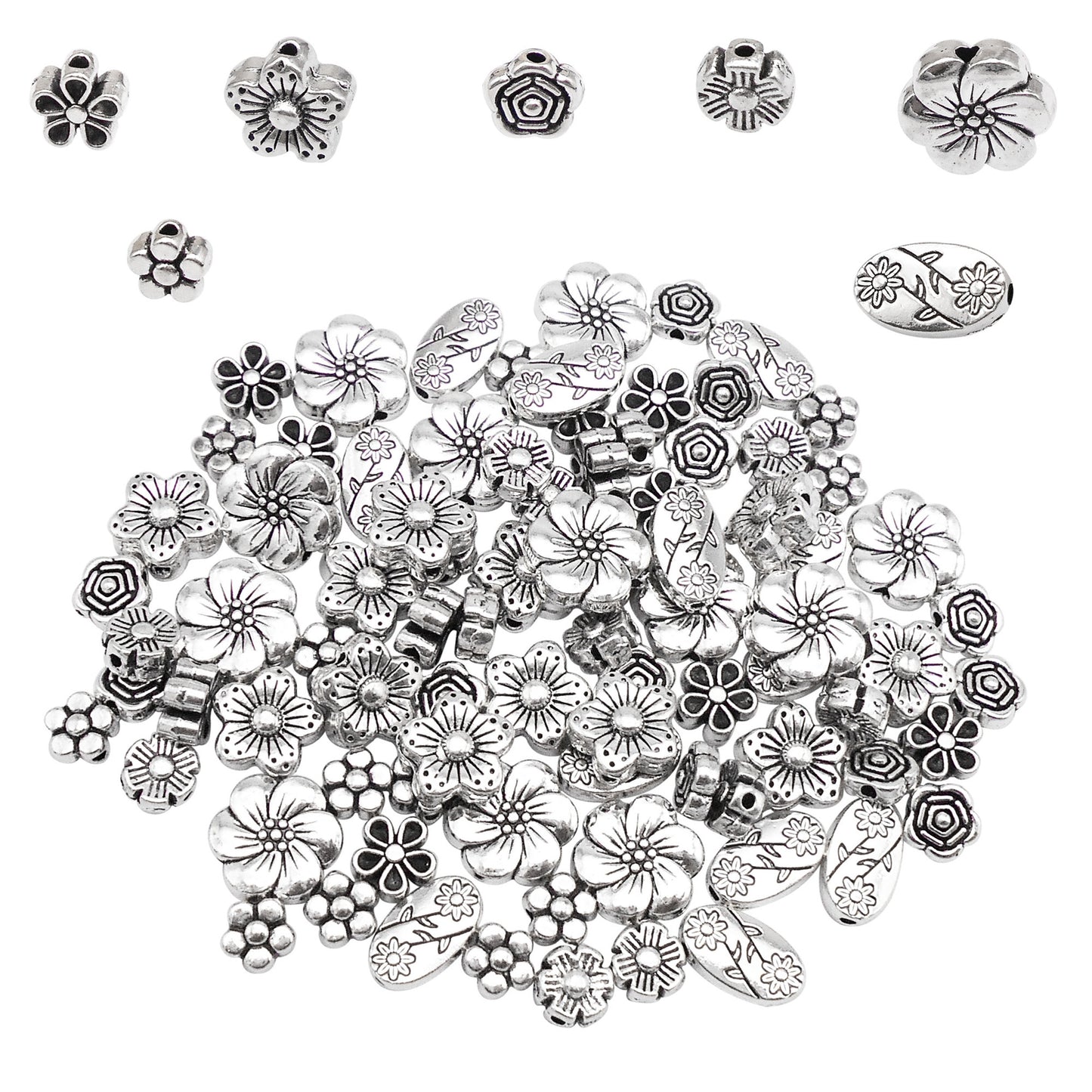 210PCS Mixed Alloy Antique Silver Spacer Beads Bulk Flower Loose Bead for Bracelets Necklaces Earrings Jewelry Making 7 Styles