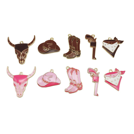 10Pcs Brown & Pink Enamel Bullhead Cowboy Hat Boot Gun Bandana Charms Alloy Western Cowboy Cowgirl Jewelry Pendant for Necklace Bracelet Earrings Accessories Crafts Decor