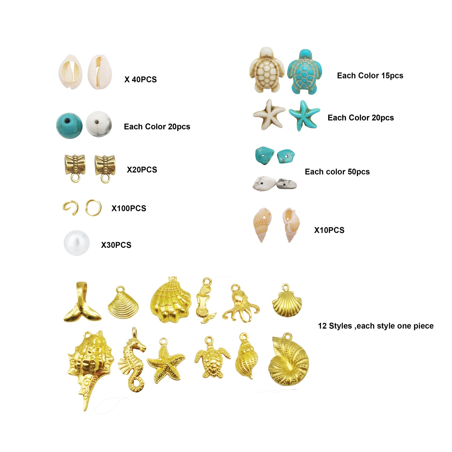 422PCS Gold Alloy Pendants Seashells Man-Made Turquoise Beads Starfish Turtle Ocean Charms for Jewelry Making Summer Beach Bead Necklace Bracelet Crafts DIY Accessory