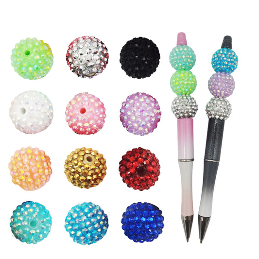 2Pcs Beadable Pen, 21Pcs 20mm Random Color Round Acrylic Rhinestones Crystal Loose Spacer Beads 3mm Hole Diameter for Beadable Pen Decor DIY Jewelry Accessories