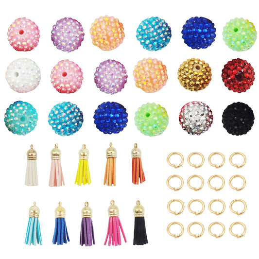 1 Set Jewelry Accessories Kit - 20pcs 20mm Acrylic Beads with Crystal Rhinestones, 10pcs Plastic Tassels, 50pcs 8mm Golden Alloy Jump Rings - DIY Pendant Supplies, Beadable Pen's Decoration