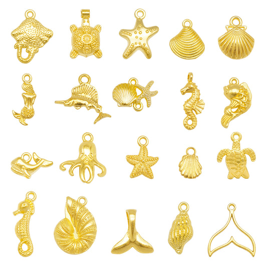200PCS Gold Sea Animal Charms Assortment Starfish Shells Bulk Ocean Pendants Mermaid Tail Fish for Summer Beach Jewelry Necklace Bracelet Making DIY Crafts
