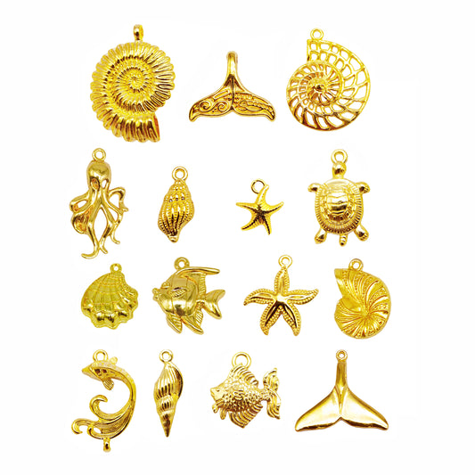 15PCS Golden Large Size Marine Life Sea Animal Charms Metal Conch Seahorse Starfish Turtle Octopus Pendant for Jewelry Accessories DIY Craft Supplies Ocean Theme Party&Wedding Decoration