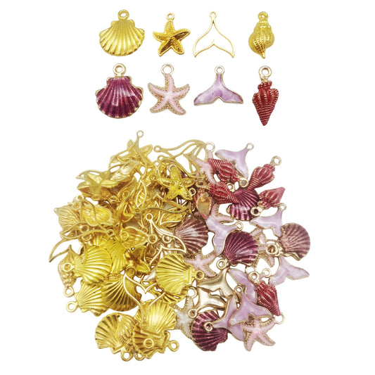90 PCS Pink Alloy Enamel Starfish Seashell Conch Charms Gold Colorful Assortment Ocean Animal Pendants for Necklace Bracelets Earrings Jewelry Making Crafts DIY Supplies