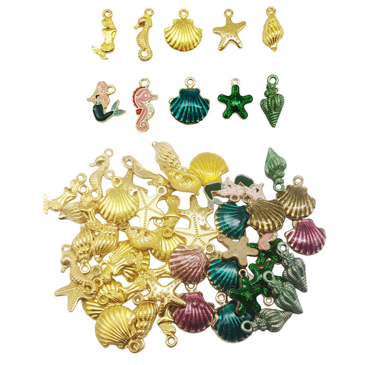 90 PCS Green Mermaid Alloy Enamel Starfish Seashell Conch Charms Gold Colorful Assortment Ocean Animal Pendants for Necklace Bracelets Earrings Jewelry Making Crafts DIY Supplies