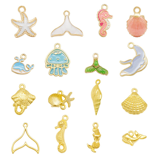 90 PCS Alloy Enamel Starfish Seashell Conch Charms Gold Colorful Assortment Ocean Animal Pendants for Necklace Bracelets Earrings Jewelry Making Crafts DIY Supplies