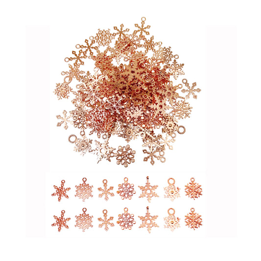 30PCS Red Copper Color Snowflake Charms Alloy Christmas Ice Crystal Pendants for Diy Jewelry Accessories Christmas Party Decor Crafts Supplies