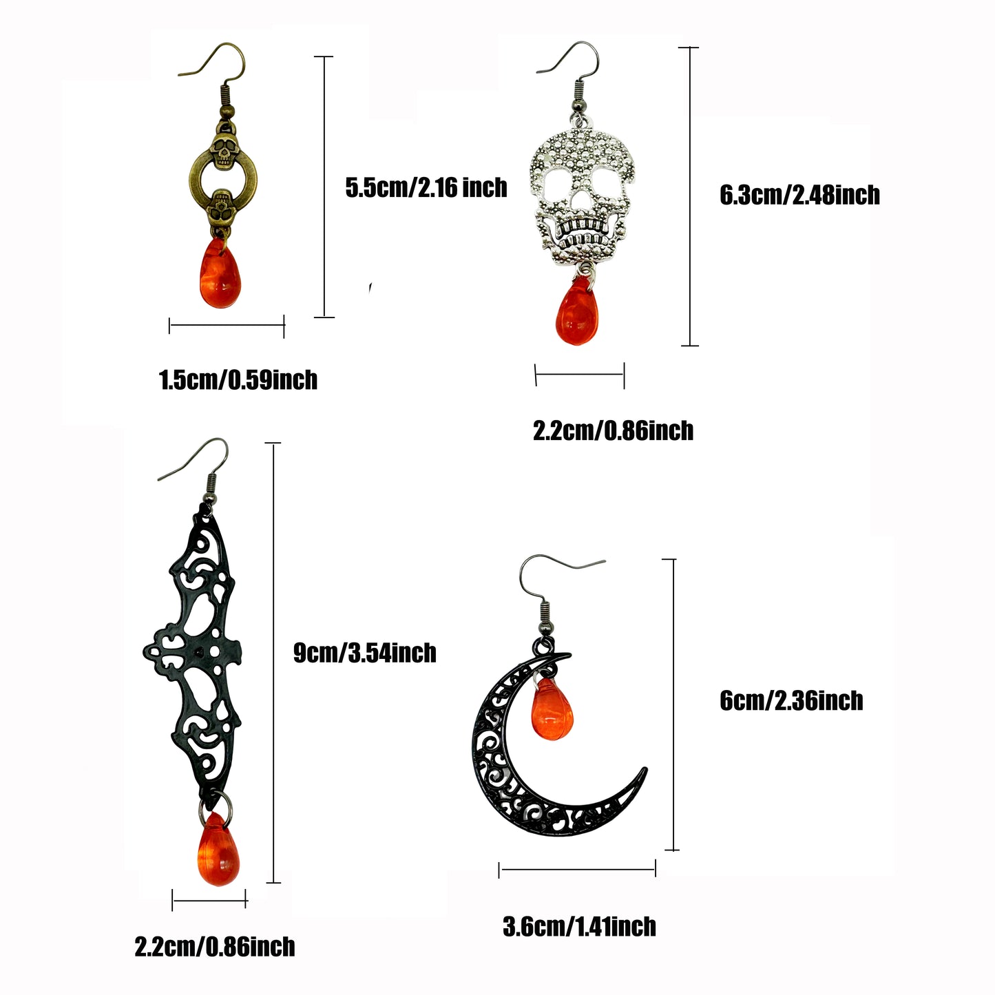 4Pairs Halloween Theme Alloy Earrings Openwork Bat Moon Ghost Head Dangle Hook Earring Women Ladies Hypoallergenic Ear Piercing Jewelry Festival Gift