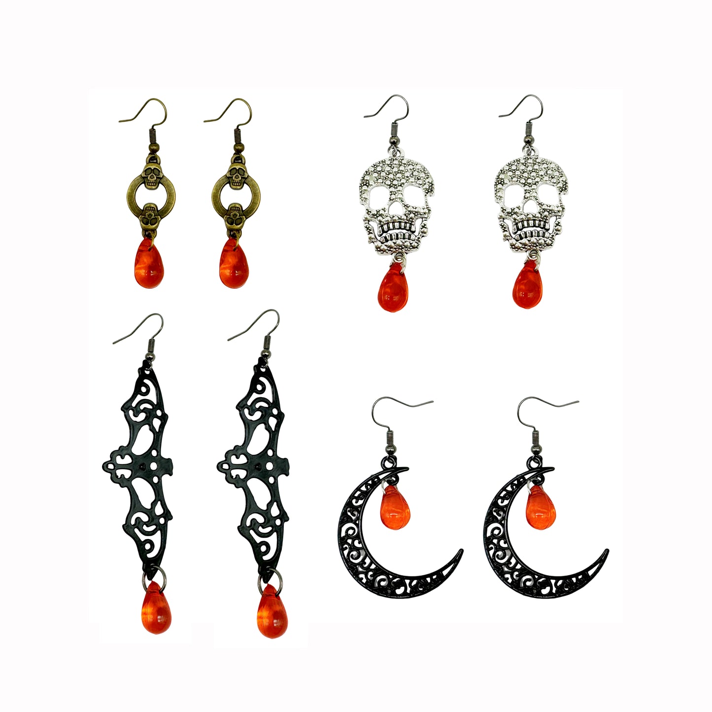 4Pairs Halloween Theme Alloy Earrings Openwork Bat Moon Ghost Head Dangle Hook Earring Women Ladies Hypoallergenic Ear Piercing Jewelry Festival Gift