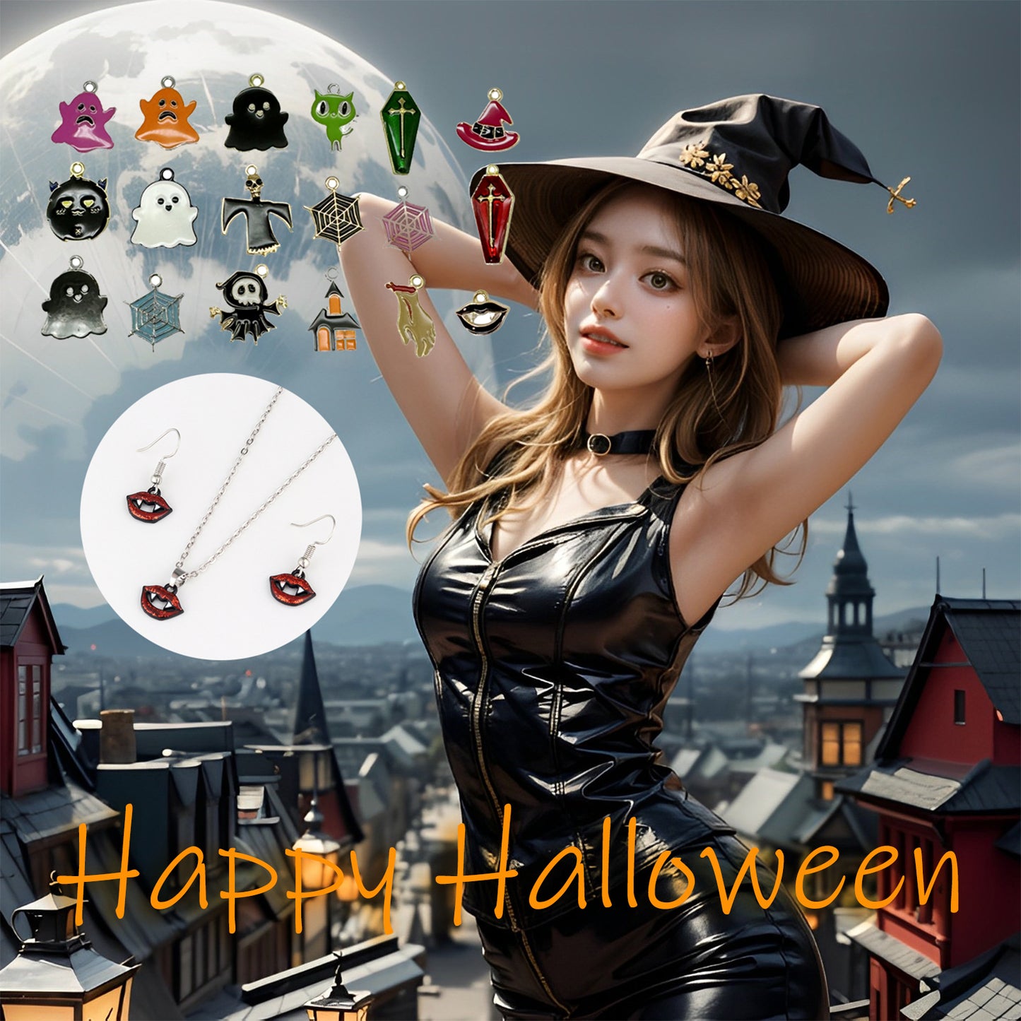 50PCS Mixed Halloween Theme Alloy Charms Enamel Ghosts Bats Cats Pendants for Party Decor Festival Gifts Jewelry Making Accessories