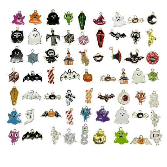 50PCS Mixed Halloween Theme Alloy Charms Enamel Ghosts Bats Cats Pendants for Party Decor Festival Gifts Jewelry Making Accessories