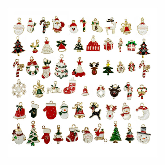 50PCS Christmas Theme Enamel Charms Alloy Snowman Elk Christmas Tree Gloves Pendants Party Decoration Jewelry Making Supplies Crafts Decor