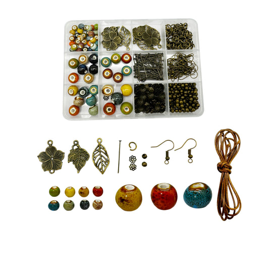 1 Box of 392PCS Jewelry Making Set DIY Bracelet Necklace Earring Supplies - Random Color 6/10/12mm Enamel Ceramic Beads, Earring Hooks, Flower Leaf Charms, Bead Caps, Jump Ring, 5m Cord - Crafts Gift