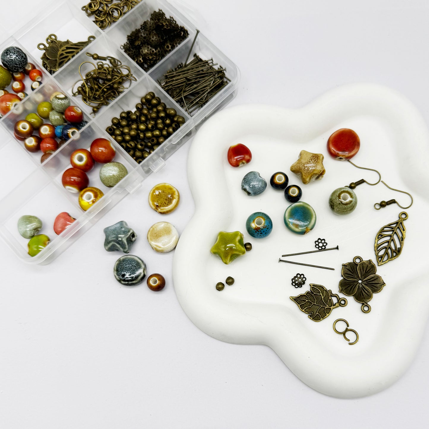 1 Box Jewelry Making Set with 407pcs Findings & 1 Roll Cord, DIY Necklace Bracelet Earring Supplies including Ceramic Beads Alloy Beads Jump Rings Bead Caps Leaf Flower Charms | Crafts Gifts