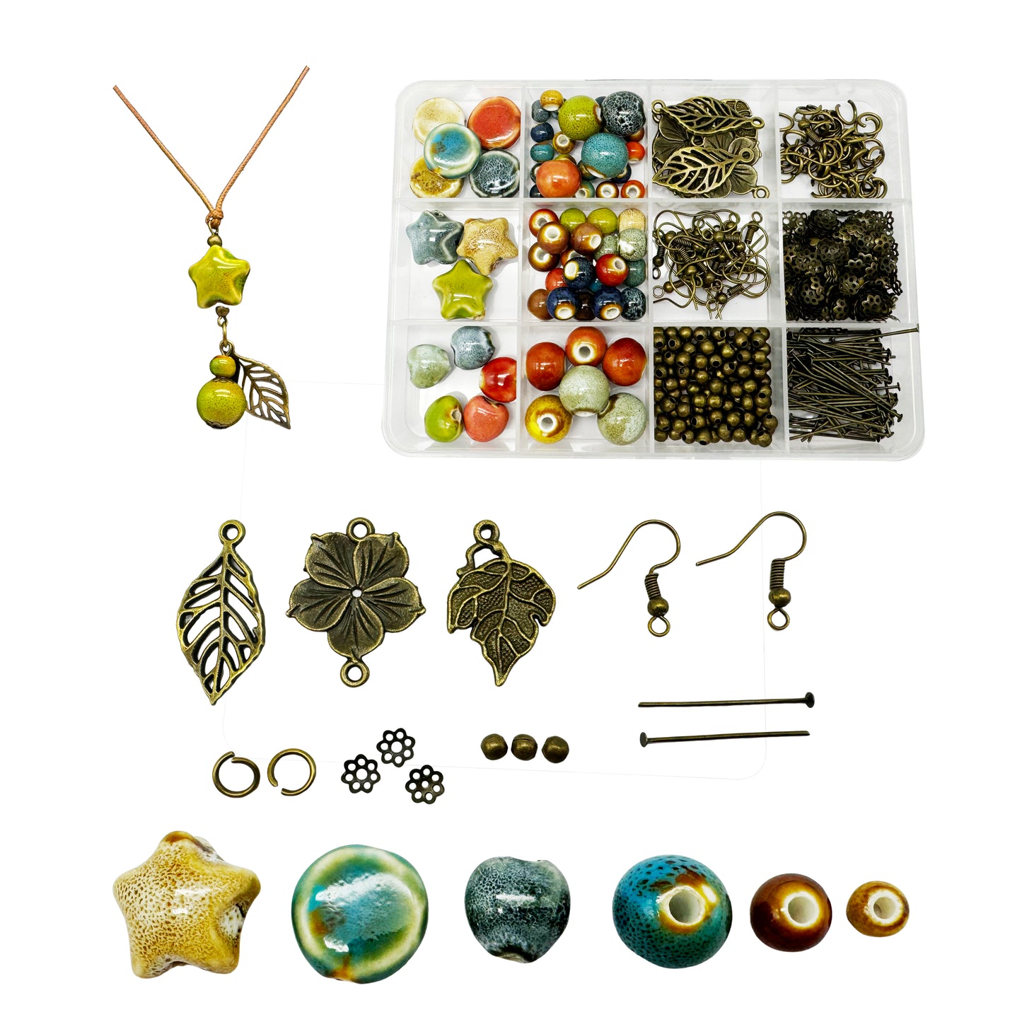 1 Box Jewelry Making Set with 407pcs Findings & 1 Roll Cord, DIY Necklace Bracelet Earring Supplies including Ceramic Beads Alloy Beads Jump Rings Bead Caps Leaf Flower Charms | Crafts Gifts