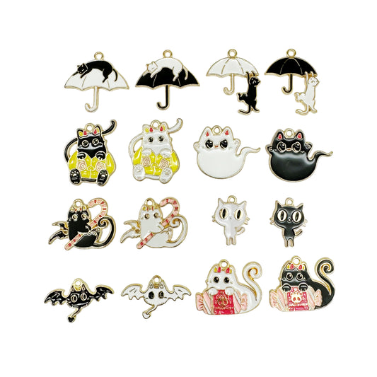 16/23PCS Halloween Cat Charms Enamel Umbrella Cat, Ghost Cat, Candy Cat, Happy Cat Pendant Alloy Jewelry Accessories for Necklace Bracelet Earring Making Crafts Supplies