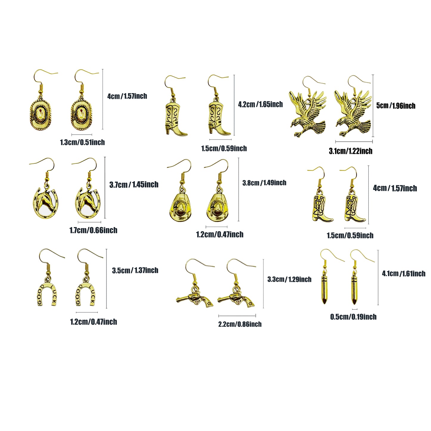 1/9 Pairs Western Cowboy Drop Earrings Antique Gold Color Bulk Alloy Boot Gun Hat Eagles Dangle Earrings for Women Cowgirl Gifts