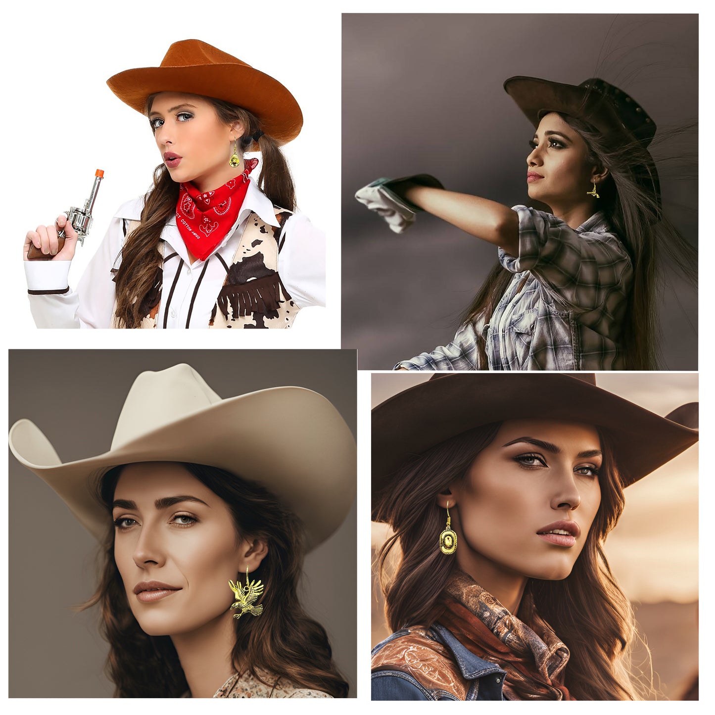 1/9 Pairs Western Cowboy Drop Earrings Antique Gold Color Bulk Alloy Boot Gun Hat Eagles Dangle Earrings for Women Cowgirl Gifts