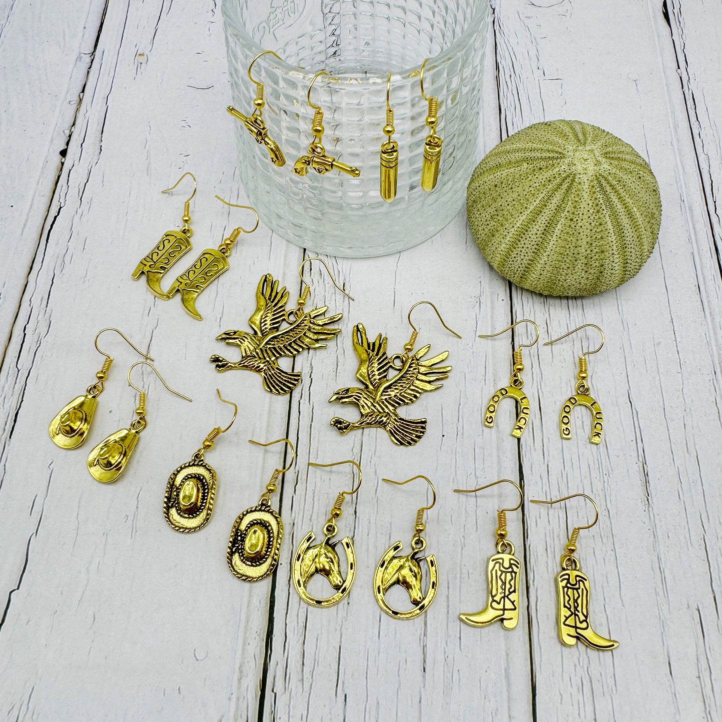 1/9 Pairs Western Cowboy Drop Earrings Antique Gold Color Bulk Alloy Boot Gun Hat Eagles Dangle Earrings for Women Cowgirl Gifts